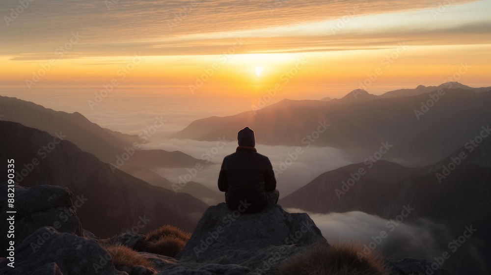 Man sitting on a mountain peak meditating clouds below right view Man sitting on a mountain peak meditating clouds below right view