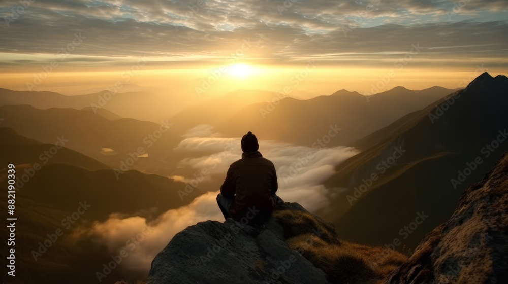 Man sitting on a mountain peak meditating clouds left view Man sitting on a mountain peak meditating clouds left view