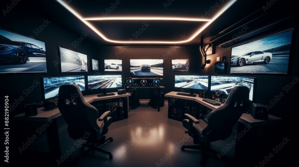 Professional gaming room with a racing simulator setup Professional gaming room with a racing simulator setup
