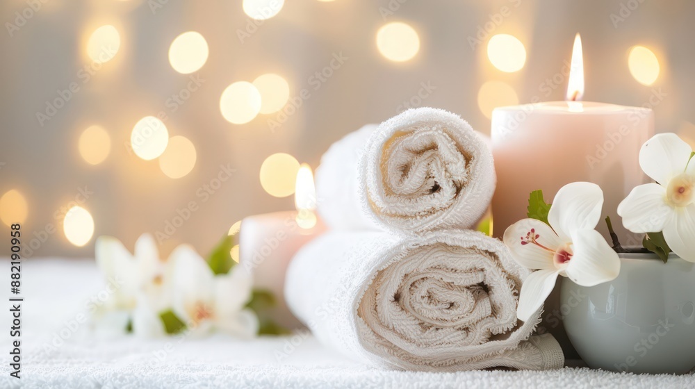 Rolled towels with lit candles and flowers in serene spa setting. Rolled towels with lit candles and flowers in serene spa setting.