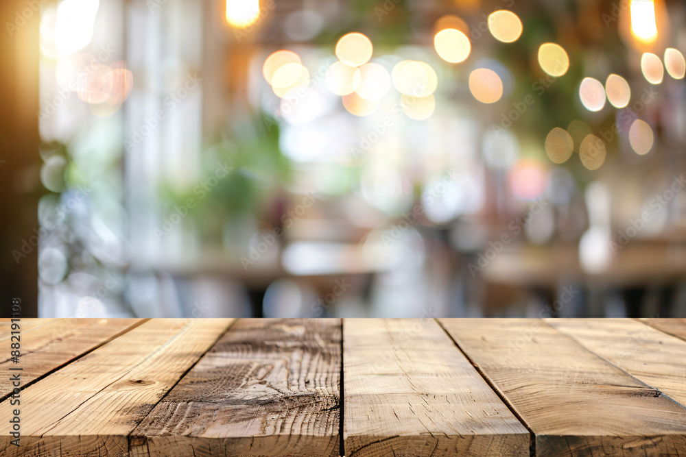 Empty rustic wood table and blurred soft light table in restaurant with bokeh background. product display template, Business presentation minimalistic perfect focus balanced summetry Empty rustic wood table and blurred soft light table in restaurant with bokeh background. product display template, Business presentation minimalistic perfect focus balanced summetry