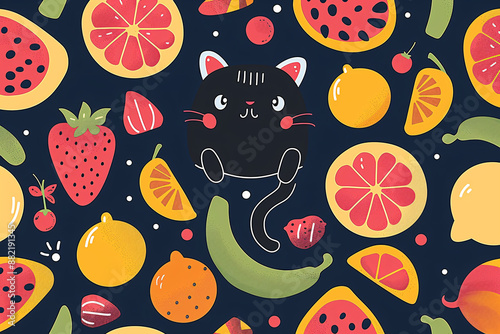 a black cat with a green banana and oranges