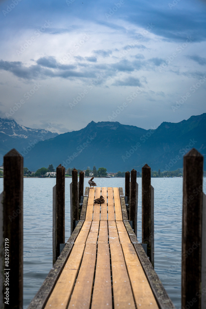 Fototapeta premium wooden pier on lake in Spitz, Switzerland