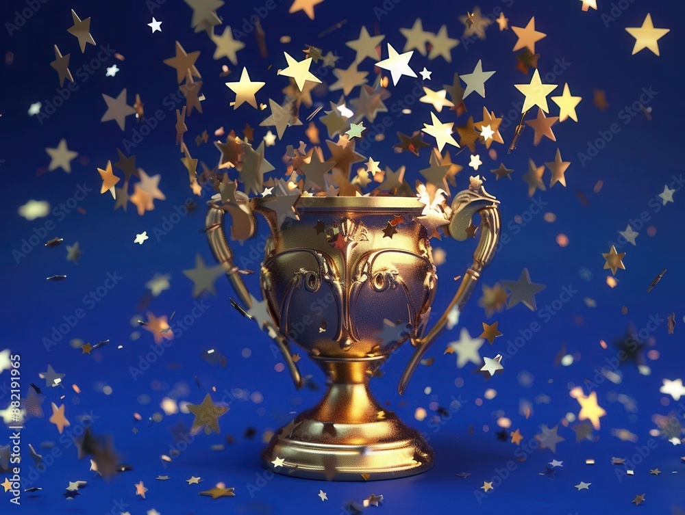 3d rendered golden trophy with cascading stars set against a deep blue background dramatic lighting emphasizes victory and achievement 3d rendered golden trophy with cascading stars set against a deep blue background dramatic lighting emphasizes victory and achievement