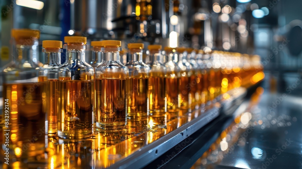row of bottles of liquid on a conveyor belt row of bottles of liquid on a conveyor belt