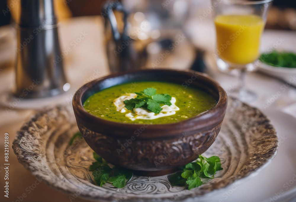Palak paneer with paneer cheese and fenugreek in a beautiful bowl with a glass of Indian lassi in a gourmet Indian restaurant
Palak paneer with paneer cheese and fenugreek in a beautiful bowl with a glass of Indian lassi in a gourmet Indian restaurant