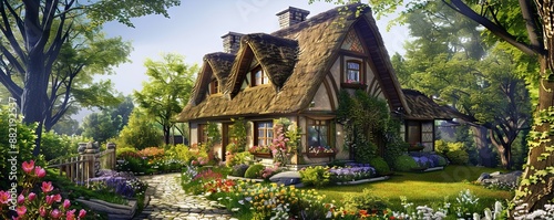 Quaint cottage with a thatched roof and flower-filled garden.