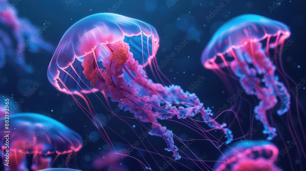 A supernatural scene features ethereal jellyfish with neon tentacles that light up the dark waters