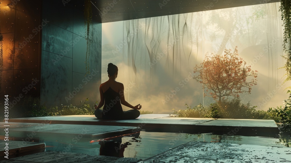 Individual meditating in a serene environment, using mindfulness to clear the mind and foster creative thinking, set against a tranquil backdrop Individual meditating in a serene environment, using mindfulness to clear the mind and foster creative thinking, set against a tranquil backdrop