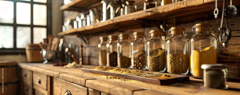 Rustic kitchen with an empty spice rack. Rustic kitchen with an empty spice rack.