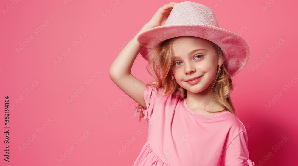 Fashionable Child Posing with Stylish Hat on Bright Pink Background, Digital Art Concept with Copy Space Fashionable Child Posing with Stylish Hat on Bright Pink Background, Digital Art Concept with Copy Space