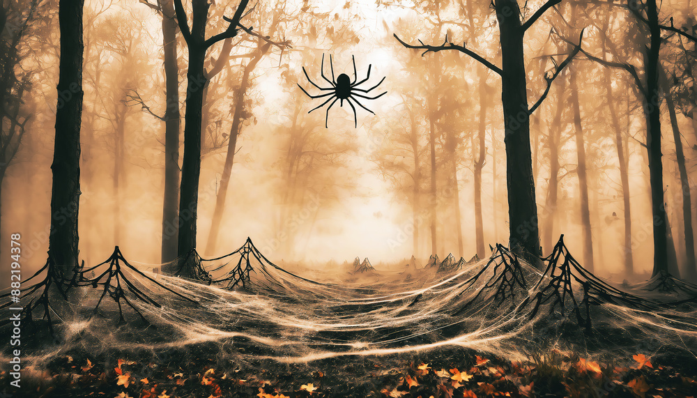 Fototapeta premium Halloween background; black spider, cobwebs in front of foggy autumn forest. 