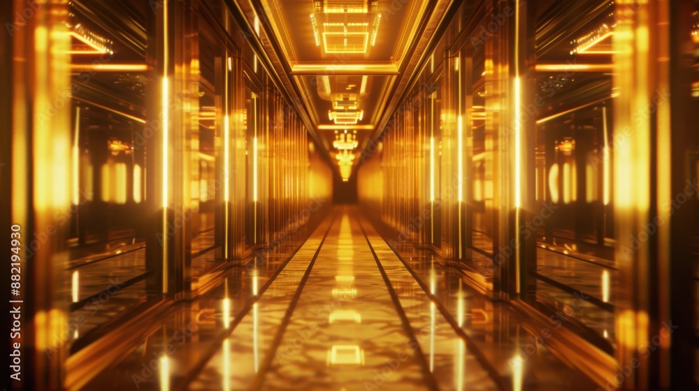 Majestic Illuminated Hallway with Symmetrical Golden Light Fixtures and Mirrored Walls Majestic Illuminated Hallway with Symmetrical Golden Light Fixtures and Mirrored Walls