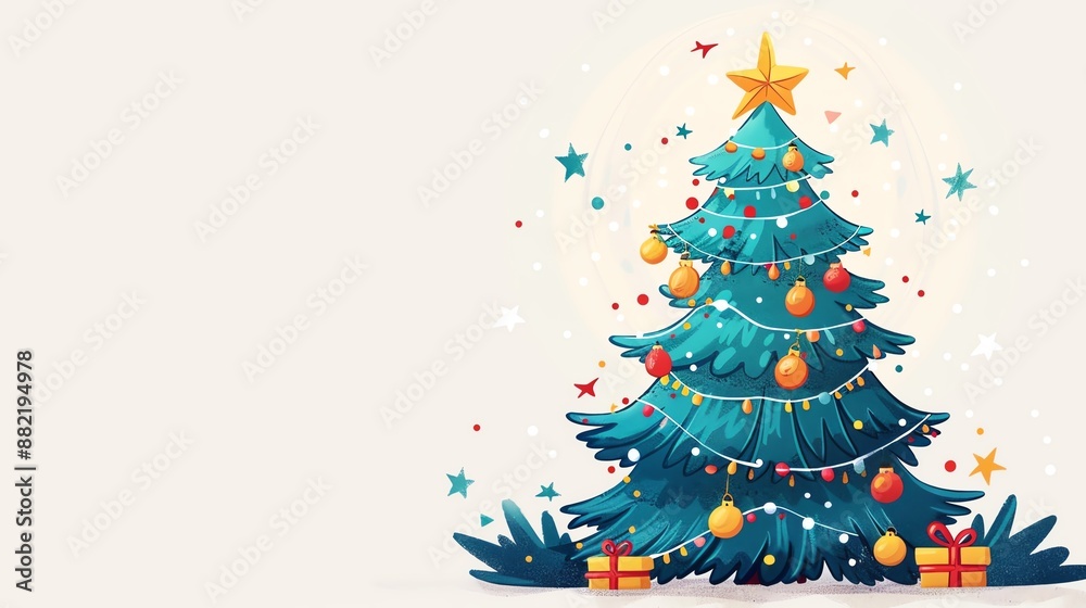 Decorated Christmas tree with gifts and star on top. Decorated Christmas tree with gifts and star on top.
