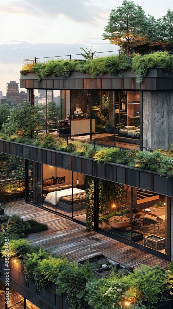 Sleek urban apartment with a rooftop garden. Sleek urban apartment with a rooftop garden.