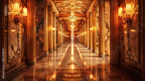 Opulent Symmetry - Grand Hallway with Ornate Pillars and Glowing Sconces in Luxurious Decor Digital Art Scene