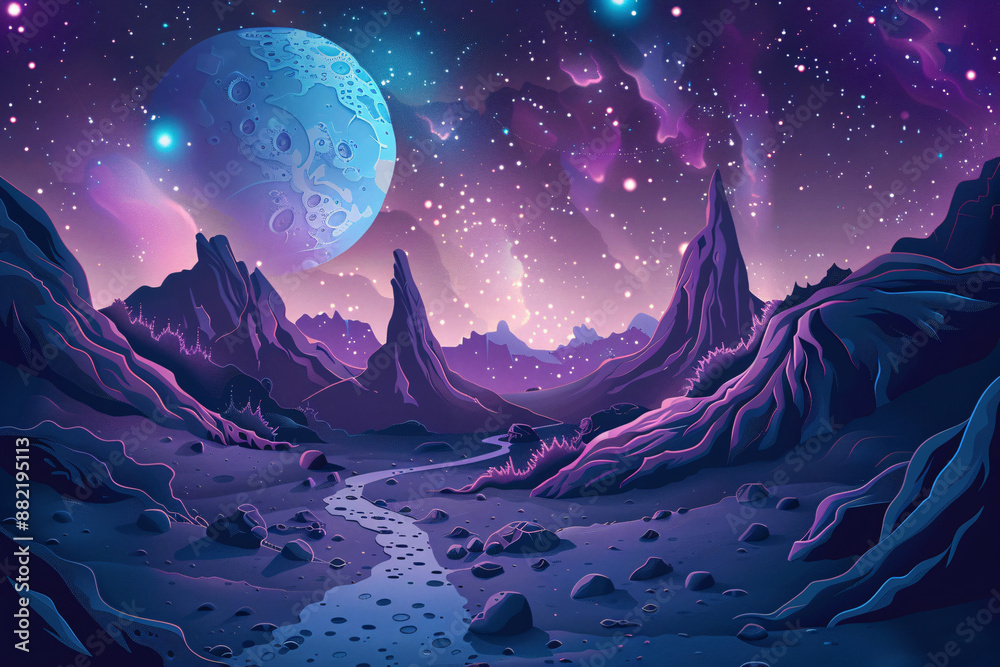 Obraz premium Space landscape with a road leading to lunar mountains and galaxies, depicting an otherworldly and surreal atmosphere suitable for science fiction or space exploration themes.