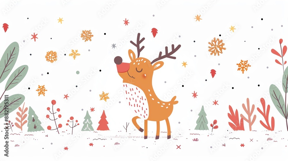 Cute cartoon reindeer in a snowy winter forest with Christmas decorations. Cute cartoon reindeer in a snowy winter forest with Christmas decorations.