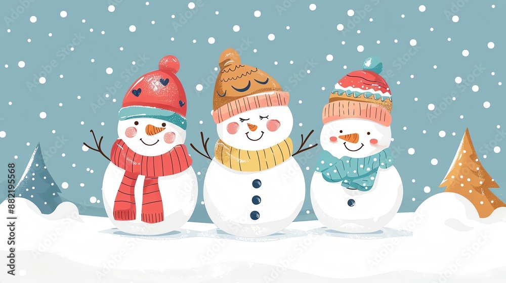 Fototapeta premium Three cute snowmen in winter wonderland with snow falling