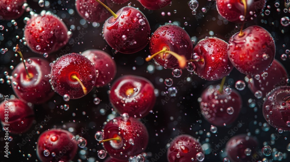 Cherries in Sparkling Water: High-Contrast Macro Photography of Refreshing Bubbles Against Dark Background Cherries in Sparkling Water: High-Contrast Macro Photography of Refreshing Bubbles Against Dark Background