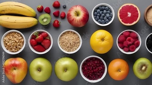 Healthy Food and fruit selection with banana,apples,blacberry,seeds,cereal and superfood. Generative AI. photo