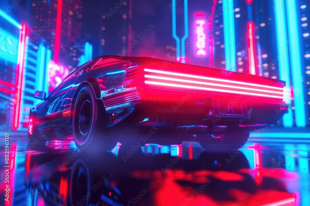 A supernatural scene with a futuristic car gliding silently above a neonlit cityscape