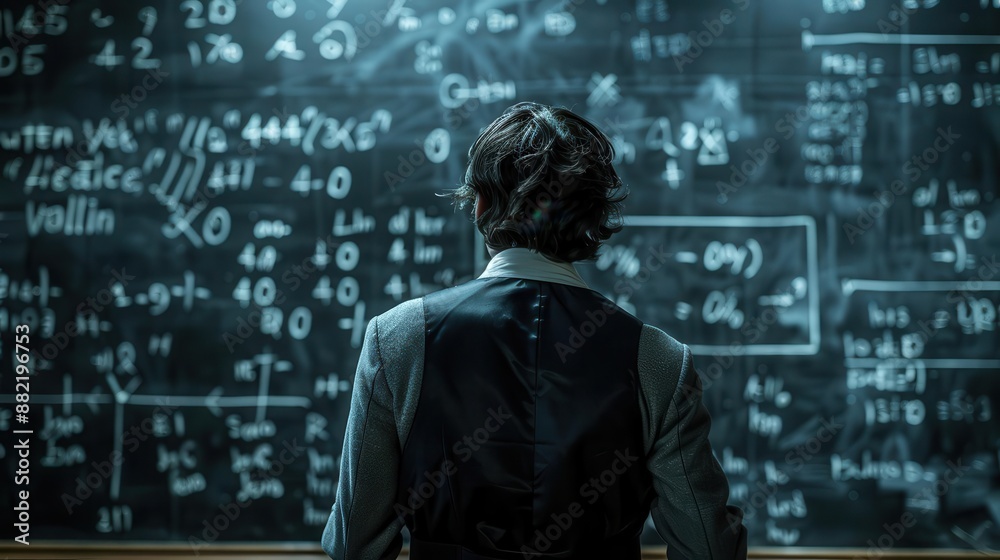 man standing in front of a blackboard with a lot of numbers man standing in front of a blackboard with a lot of numbers