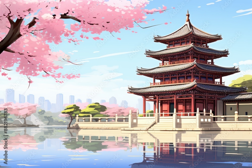 Serene traditional Asian temple by a reflective lake with cherry blossom trees in bloom against a city skyline background. Serene traditional Asian temple by a reflective lake with cherry blossom trees in bloom against a city skyline background.