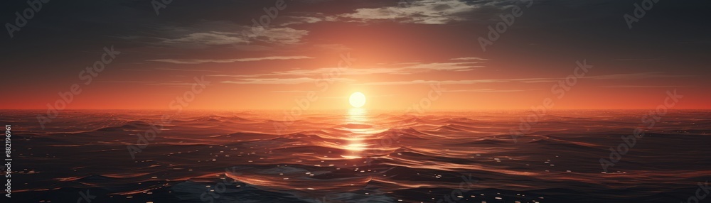 Stunning sunset over the ocean, illuminating the sky and water with vibrant hues of orange and red, creating a serene and picturesque scene. Stunning sunset over the ocean, illuminating the sky and water with vibrant hues of orange and red, creating a serene and picturesque scene.