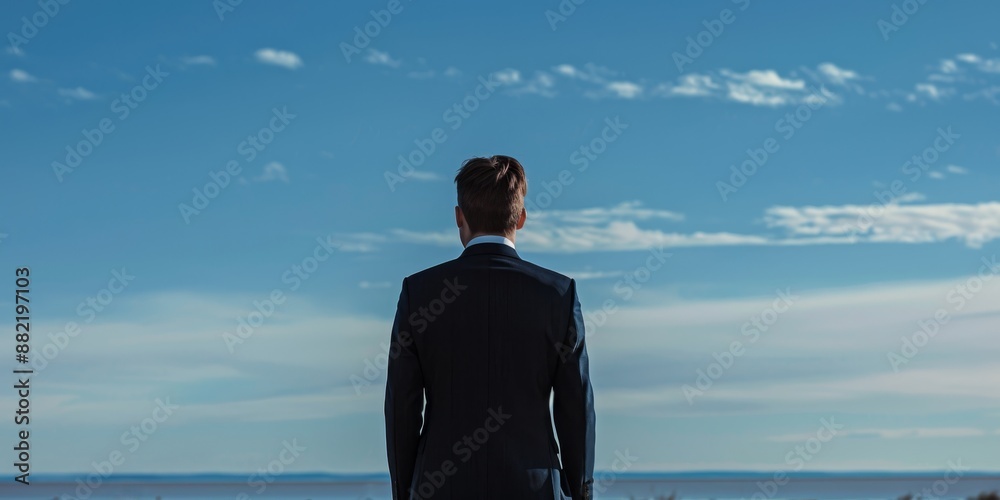 A businessman in a suit stands by the sea, looking thoughtfully at the horizon, showing confidence and determination A businessman in a suit stands by the sea, looking thoughtfully at the horizon, showing confidence and determination