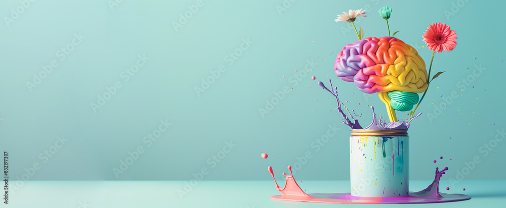 Human brain, rainbow color splash from a paint can, flowers growing ...