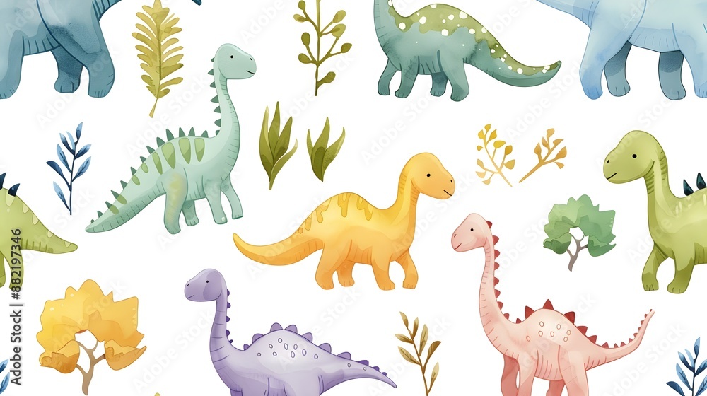 Naklejka premium Colorful Cartoon Dinosaurs and Plants Pattern for Children Nursery and Home