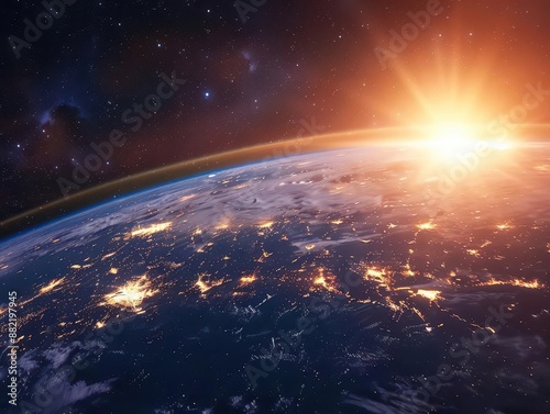 breathtaking view of earth from space capturing the curvature of the planet with glowing city lights visible on the night side and a brilliant sunrise illuminating the atmosphere © Bijac