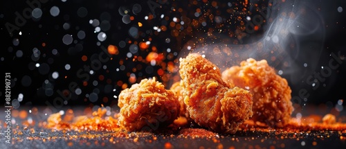 An artistic shot of deliciously crispy fried chicken, showcasing a vibrant explosion of breading and spices