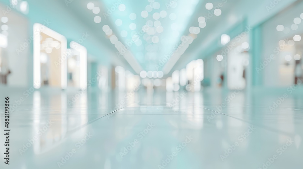 A large, empty shopping mall with a bright blue ceiling A large, empty shopping mall with a bright blue ceiling