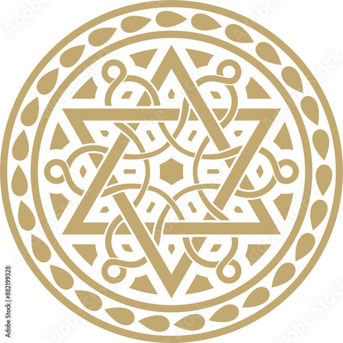 Vector golden round Jewish ornament. Star of David. Semitic circle, ring. Jerusalem
