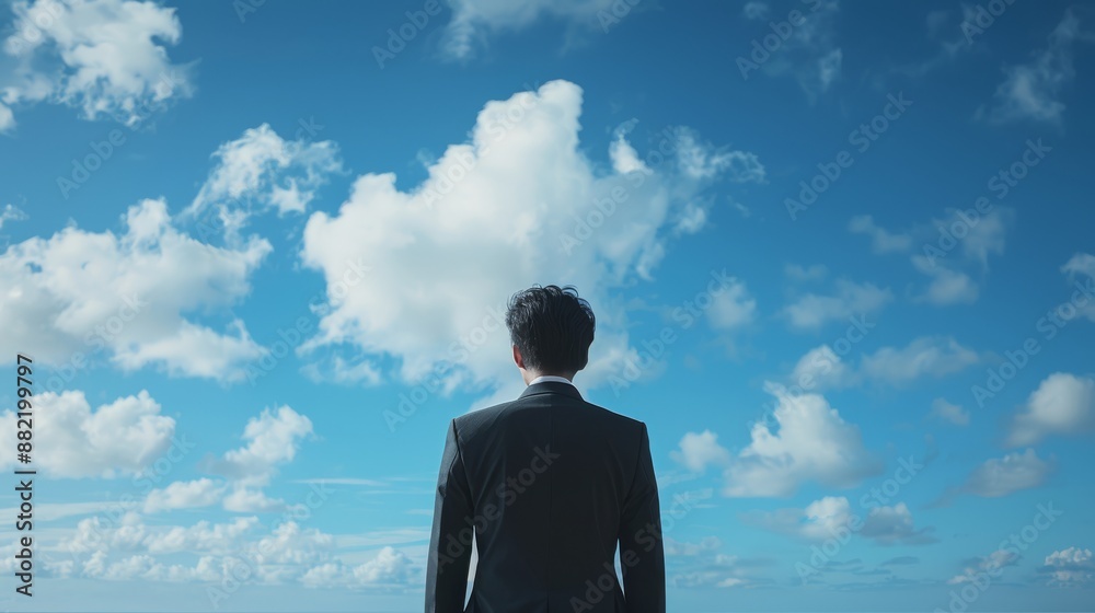 A businessman in a suit gazes up at the clear blue sky, showing contemplation and ambition in his career A businessman in a suit gazes up at the clear blue sky, showing contemplation and ambition in his career