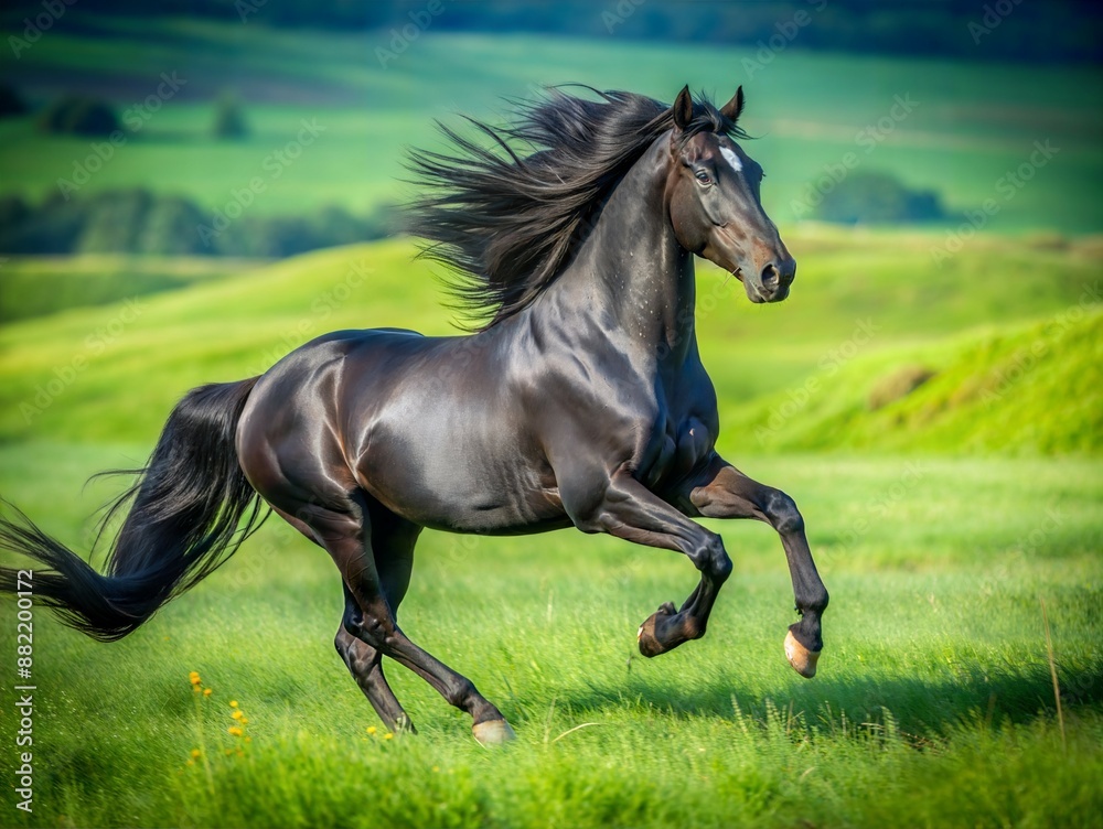 Black Horse Running Through Green Grass Field on a Sunny Day. Generative AI Black Horse Running Through Green Grass Field on a Sunny Day. Generative AI