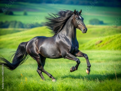 Black Horse Running Through Green Grass Field on a Sunny Day. Generative AI