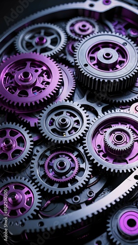 Close-up of a complex gear system with purple accents, showcasing the intricate design and precision of mechanics.