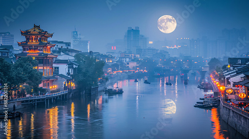 A serene and romantic view of the Qinhuai River in Nanjing, China, with the full moon shining in the night sky. It is a popular travel destination with traditional Chinese architecture and... photo