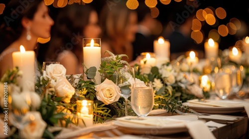 table with candles and flowers and a couple of people