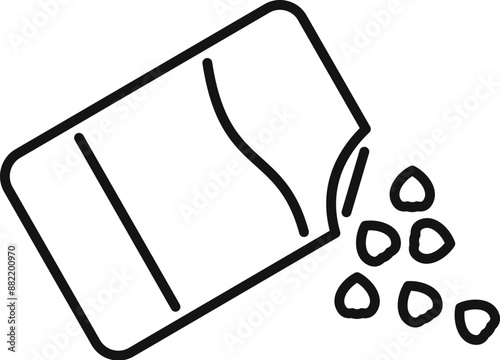 Line drawing of a tilted open pack pouring out food or snack pellets
