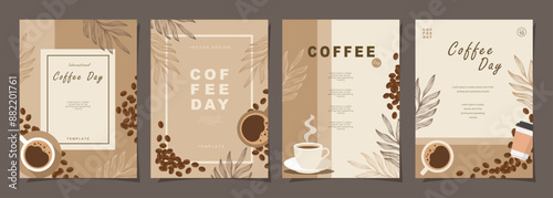Set of poster design with coffee beans and leaves on minimal background for invitations, cards, banner, paper, cover, cafe menu or another template design. vector illustration.