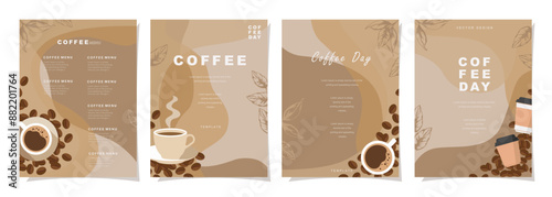 Set of poster design with coffee beans and leaves on minimal background for invitations, cards, banner, paper, cover, cafe menu or another template design. vector illustration.
