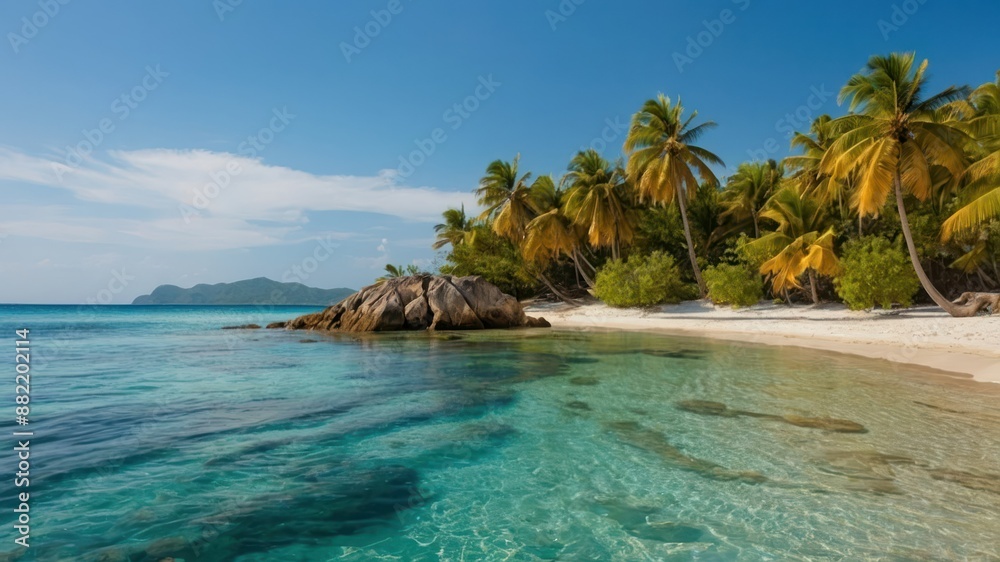 Obraz premium Stunning tropical beach with clear turquoise water, palm trees, and sunny skies, perfect for vacations, relaxation, and tropical getaways