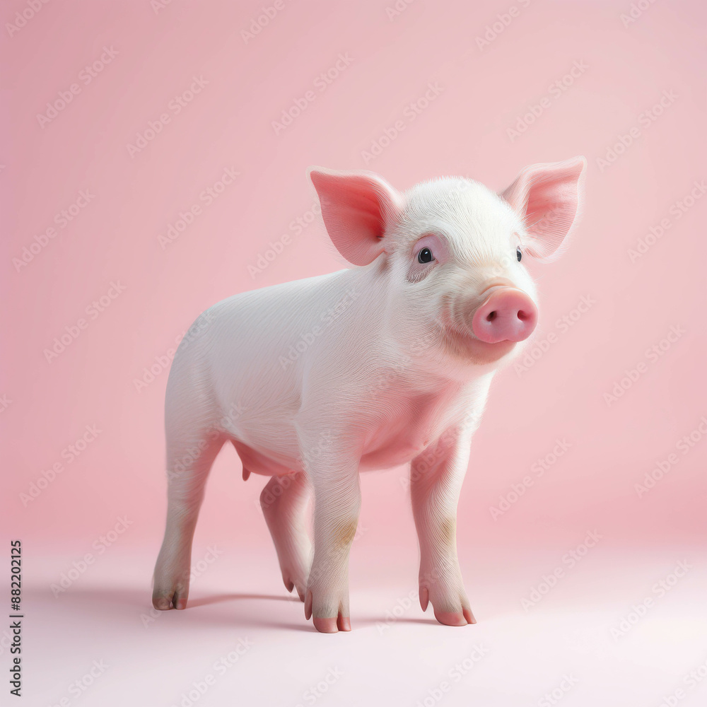 A Cute and Adorable Baby Piglet Standing Proudly with a Delightful Expression on a Soft Pink Background