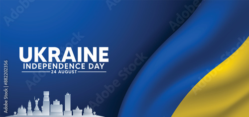 Ukraine Independence Day 24 August waving flag with cityscape vector poster