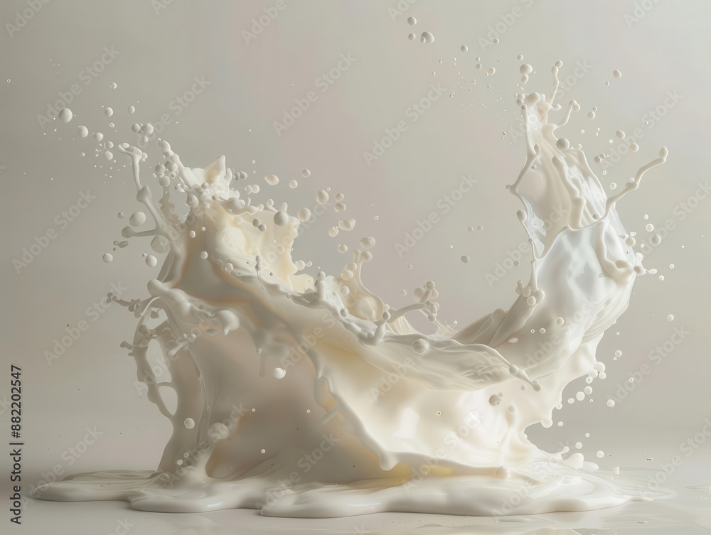 dynamic milk splash frozen in time droplets suspended midair forming intricate patterns highspeed photography capturing liquid sculpture against stark white backdrop