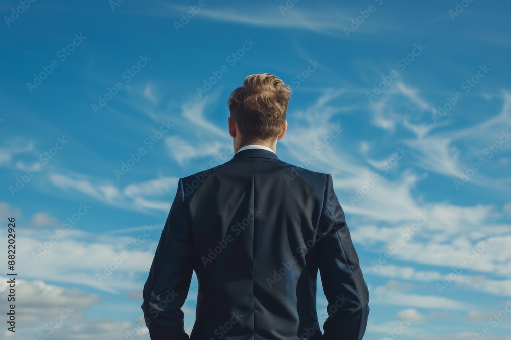 Businessman symbolizing ambition and success against clear blue sky, representing determination and achievement Businessman symbolizing ambition and success against clear blue sky, representing determination and achievement